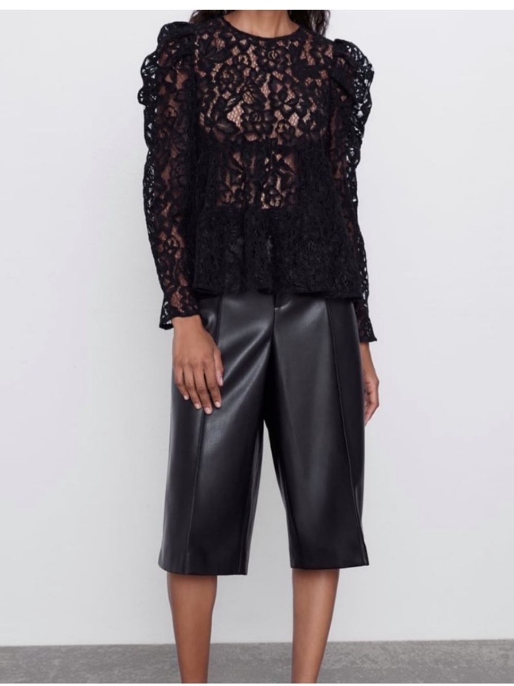 Zara Black Floral Lace Puff-Sleeve Empire Waist Peplum Top, Size Small - Picture 2 of 13
